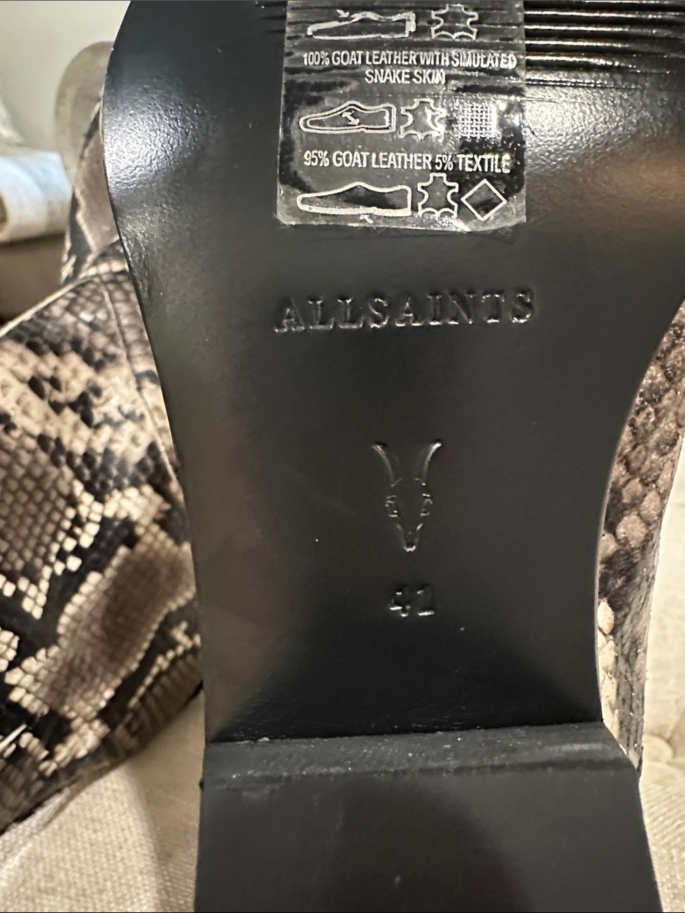 All Saints Snakeskin-Print Ankle Boots in Taupe and Black - Picture 4 of 4
